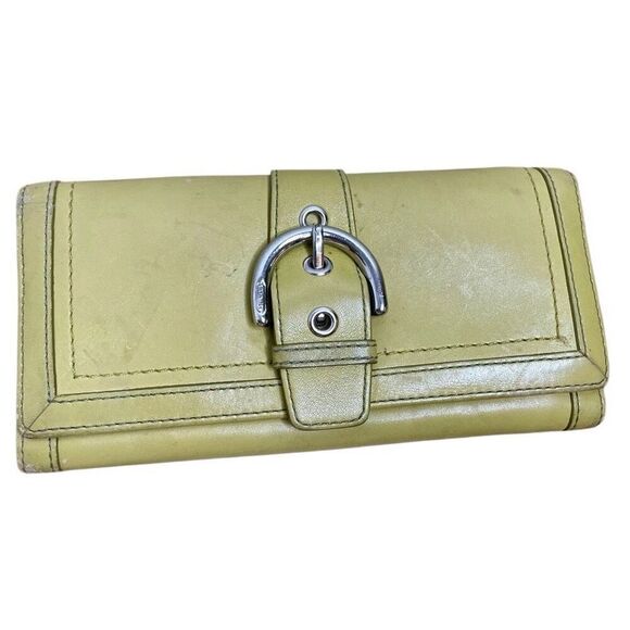 Coach Soho Tan Leather Buckle Flap Closure Long Wallet Green Yellow Clutch - Picture 1 of 9